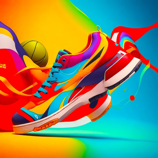 Competição de sapatos esportivos em fundo multicolor abstrato gerado por inteligência artificial