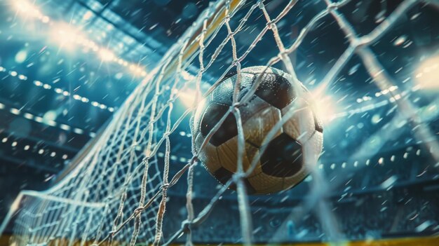 Foto competição internacional de futebol a bola atinge a rede o goleiro salta e não consegue proteger o gol a competição marca gols canal de esporte transmissão de televisão edição cinematográfica