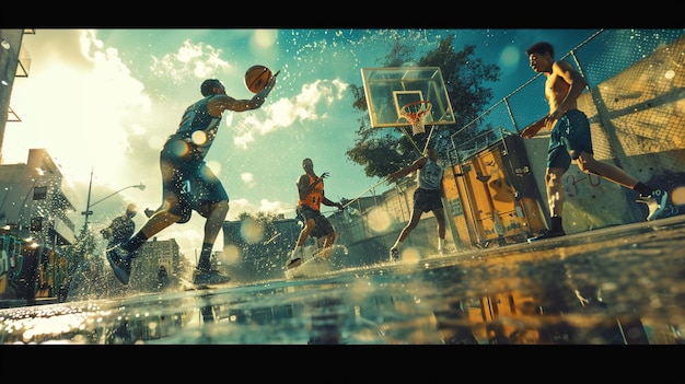 Foto competición de baloncesto callejero entre adolescentes una cancha de baloncestro húmeda una cancha al aire libre