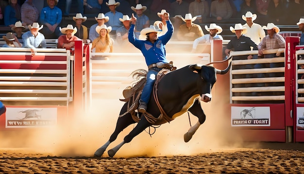 Una competición de monta de toros del oeste en un estadio abarrotado