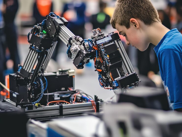 Foto competición de robótica con máquinas construidas por estudiantes