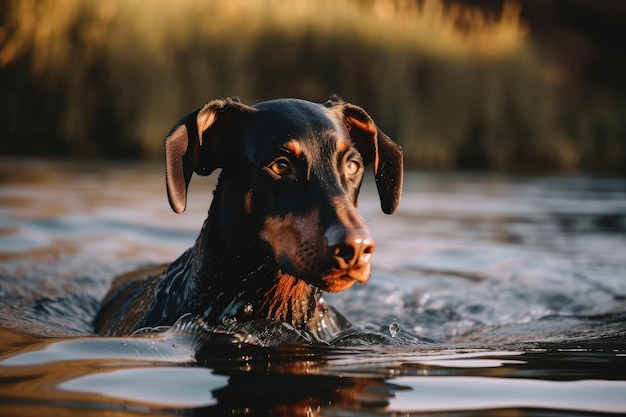 Complacido y guapo Doberman Dog nada y juega en el lago mientras está cerca del agua