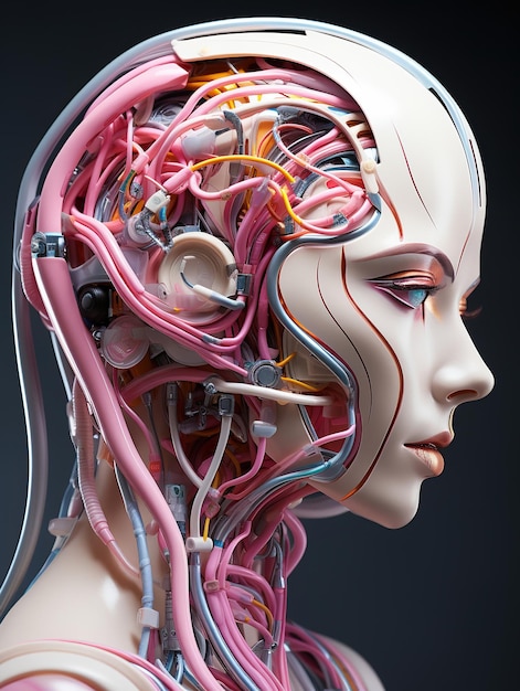 La compleja anatomía de un robot hermoso robot humanoide Cyberpunk 3D Rendering