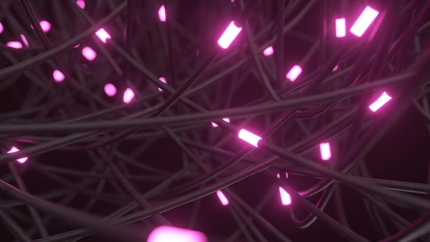 Una compleja malla de cables con luces rosadas vibrantes que emiten una vibración cibernética digital