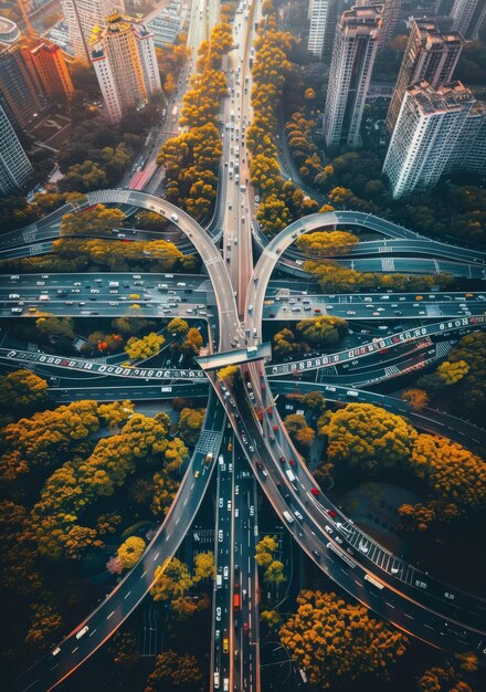 Foto un complejo cruce de carreteras urbanas con árboles de otoño