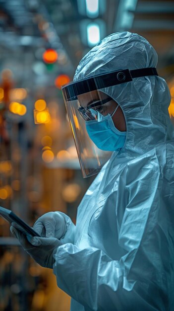 En un complejo de fabricación, una técnica femenina usa una tableta mientras usa un traje de protección, una máscara y gafas.