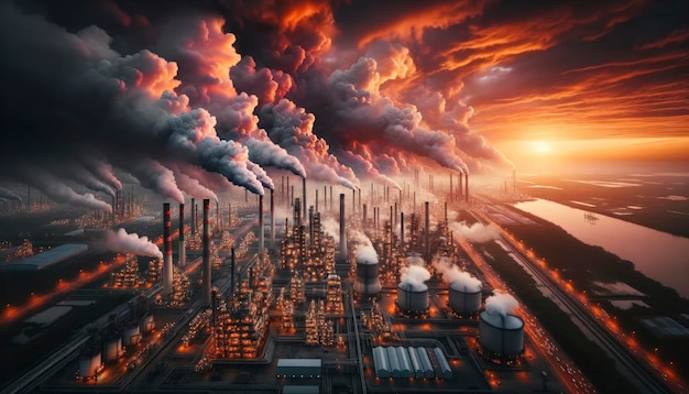 Complejo industrial que emite contaminación al atardecer