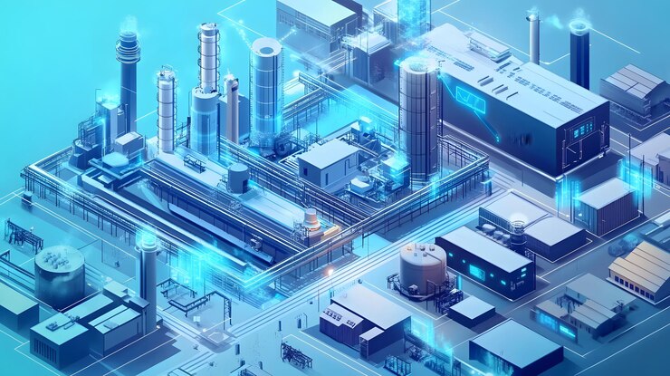 Complejo industrial con tecnología futurista y iluminación azul