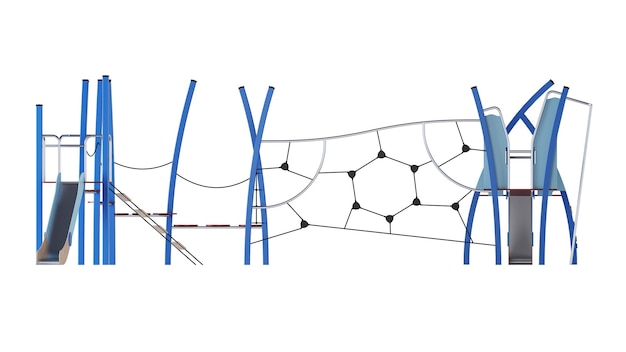Complejo de juegos para niños modernos sobre un fondo blanco. Equipos de juego con tobogán, escaleras y torres para su colocación en los patios. De cerca. Trazado de recorte incluido. Representación 3D.