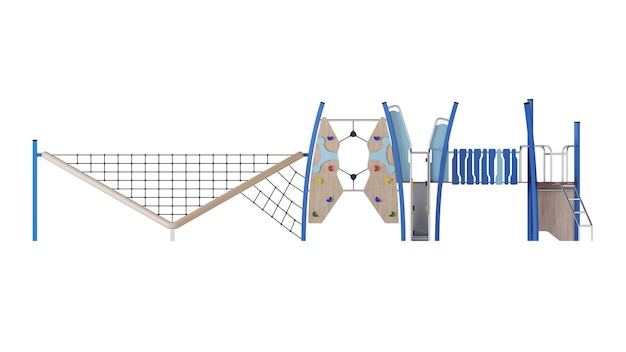 Complejo de juegos para niños modernos sobre un fondo blanco. Equipos de juego con tobogán, escaleras y torres para su colocación en los patios. De cerca. Trazado de recorte incluido. Representación 3D.