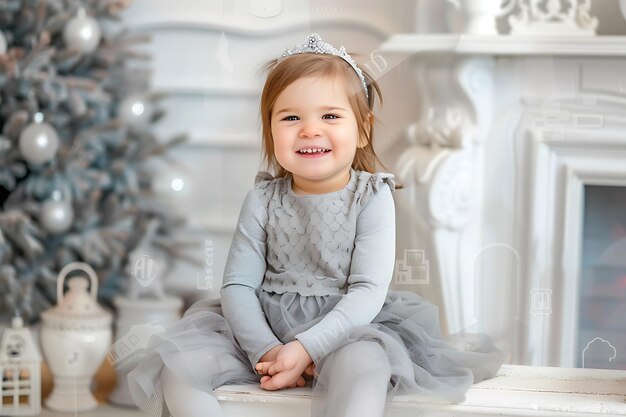 Foto completamente cheerful menina adorável em vestido de moda cinza sentado