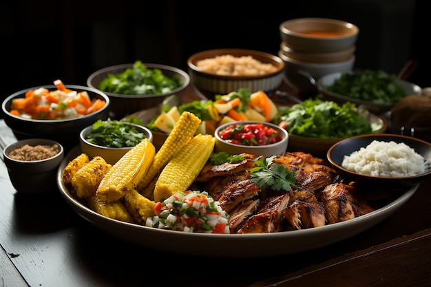 Foto completo de comida peruana en una mesa colorida