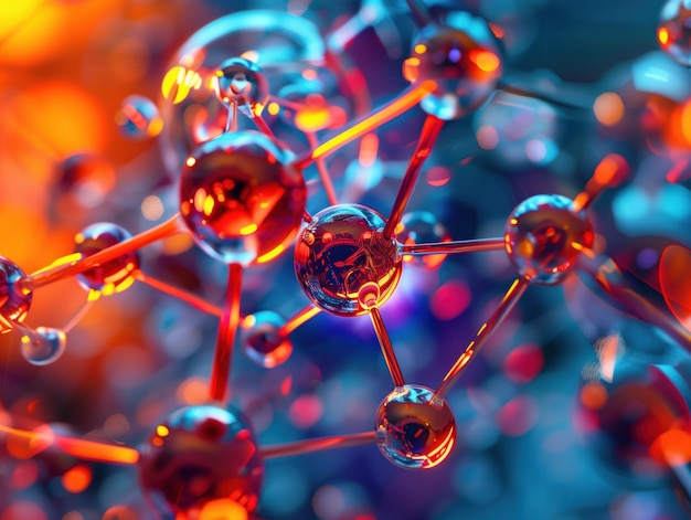 Complexidade Molecular Esta imagem impressionante apresenta uma visão em close-up de uma estrutura molecular 3D com átomos representados por esferas ligadas por ligações todas colocadas contra um fundo brilhante e vibrante