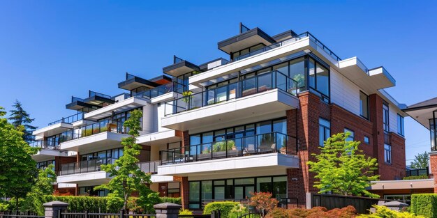 Complexos de apartamentos modernos de tres pisos con techos blancos y paredes exteriores de ladrillo en un fondo de cielo azul