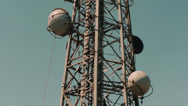 Foto complicada torre de comunicación de celosía de acero contra el cielo azul claro