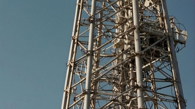 Foto complicada torre de comunicación de celosía de acero contra el cielo azul claro