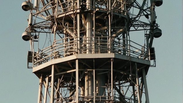 Complicada torre de comunicação de grade de aço contra um céu azul claro