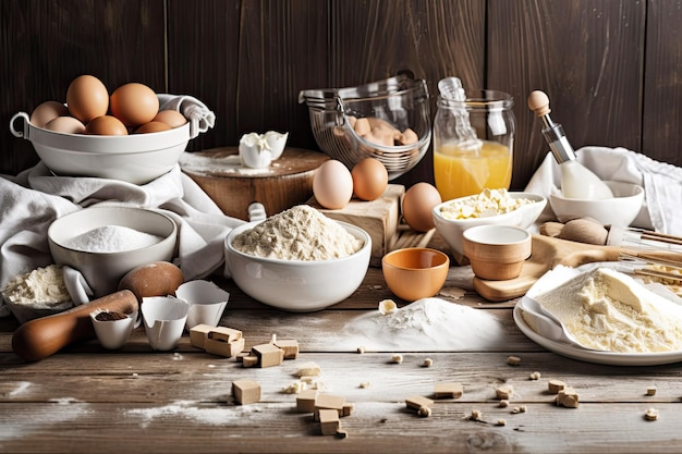 Los componentes de la torta y la masa, los huevos, la harina, la leche, la mantequilla y el azúcar, se preparan en una mesa blanca