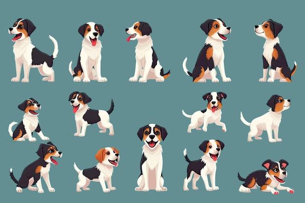 Comportamento do cão Configura comer brincar dormir conceito várias ações e posturas linguagem corporal múltiplas poses de cães diferentes