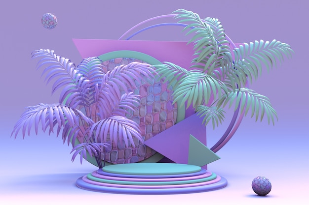 Composição 3d de objetos geométricos no pódio rosa violeta pastel com palmeira verde tropical abstrata