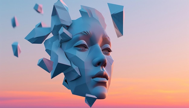 Composição 3D minimalista de formas geométricas flutuantes formando um contorno sutil do rosto de uma mulher