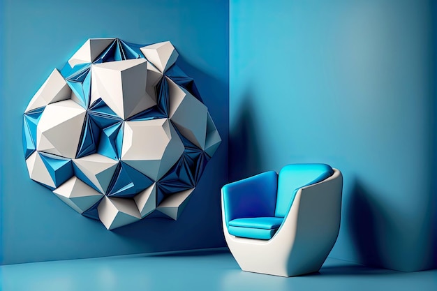 composição abstrata 3D de poltrona e mesa contra o fundo da parede azul com poliedros azul-azuis