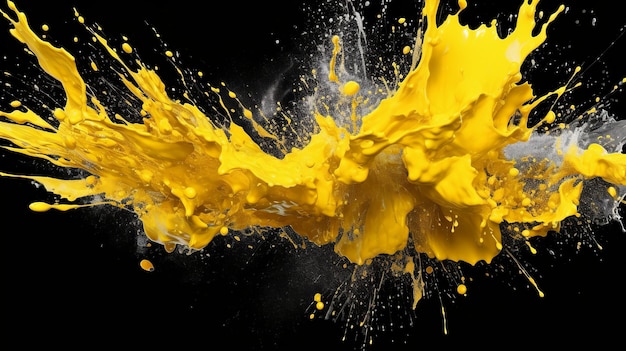 Composição abstrata com salpicos de tinta amarela contra um fundo preto criando uma exibição visualmente impressionante que combina contraste de cores vibrantes e efeitos de salpicos dinâmicos Generative Ai