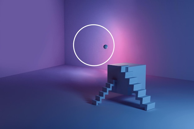 Composição abstrata de canto com pódio e círculo de luz neon de escada e ilustração 3D de bola com formas geométricas em fundo azul