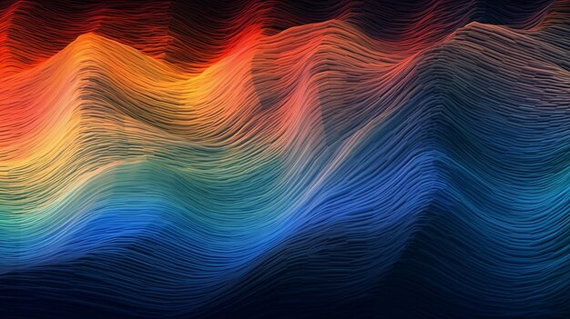 Composição abstrata de formas de onda listradas apresentando um vibrante arco-íris de cores, criando uma exibição visualmente cativante que combina a energia das formas de onda com o espectro vibrante de um arco-íris