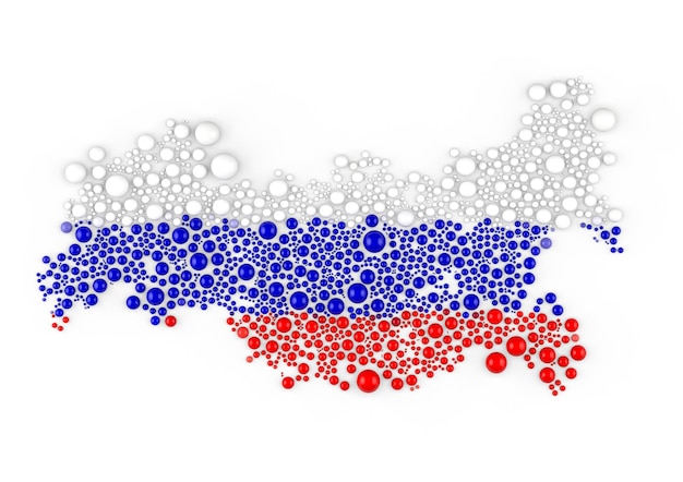 Composição abstrata raster multicolorida do Mapa da Rússia construído de itens de esferas Mapa da Rússia e ilustração de renderização em 3D de bandeira