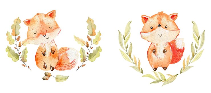 Foto composição aquarela com raposas fofas em um pôster de berçário de fundo branco