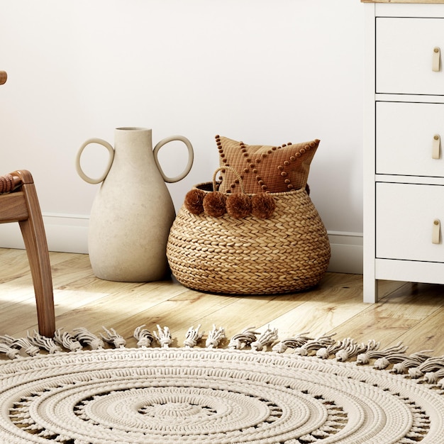 Composição boho com cesta e jarra de vime