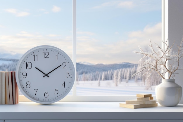 Composição branca de inverno com relógio de parede no peitoril da janela e paisagem coberta de neve lá fora