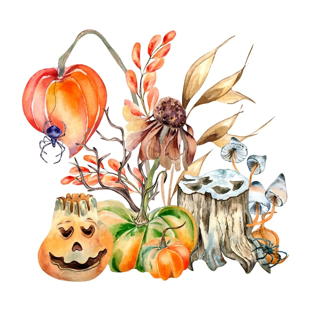 Composição brilhante de halloween com ilustração de aquarela de plantas coloridas isolada em fundo branco