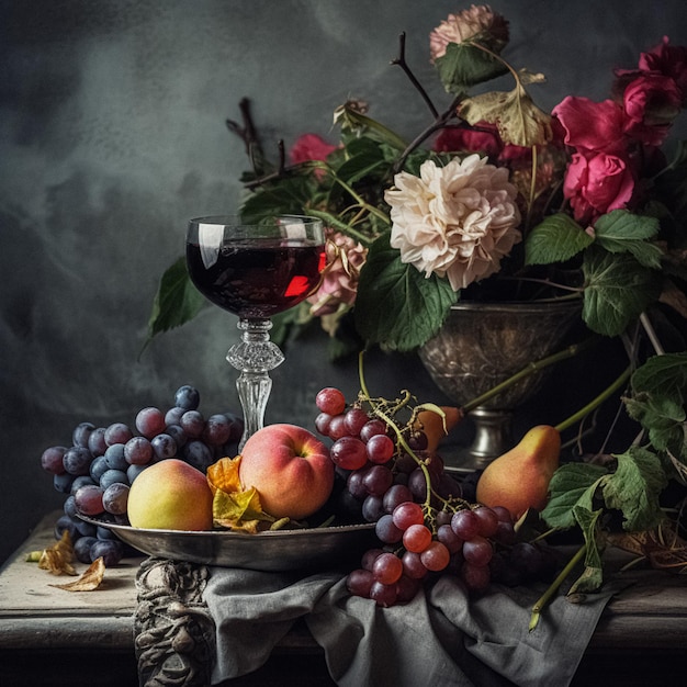 Composição clássica de naturezas mortas com um rico arranjo de flores e frutas frescas e um copo de