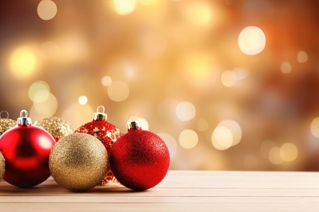 Composição colorida de Natal de bolas de Natal vermelhas e douradas em um fundo claro brilhante Ilustração generativa de IA