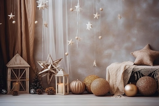 Composição com decorações de natal no interior e espaço de cópia