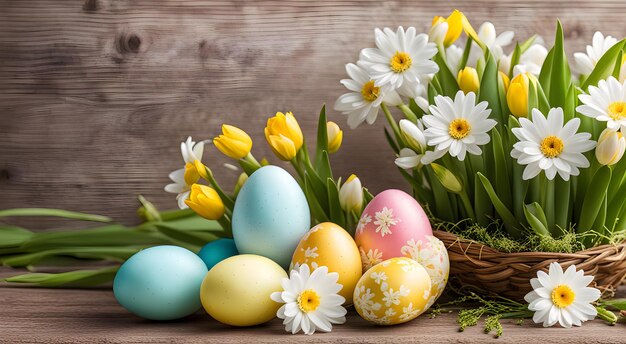 Composição com margaridas, tulipas e ovos de Páscoa em fundo madeira