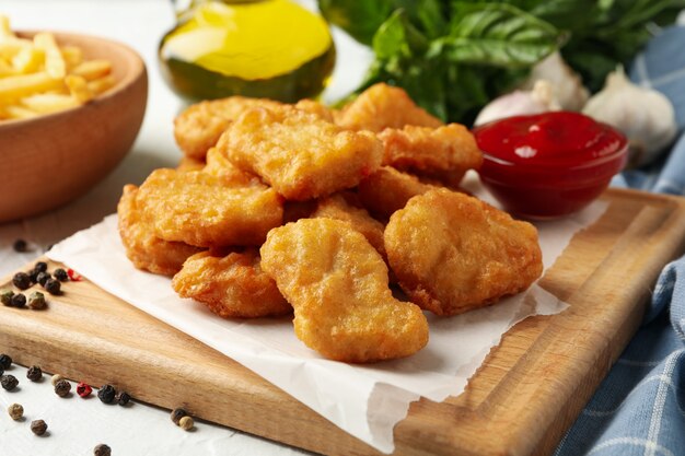 Composição com nuggets de frango, ketchup e batata