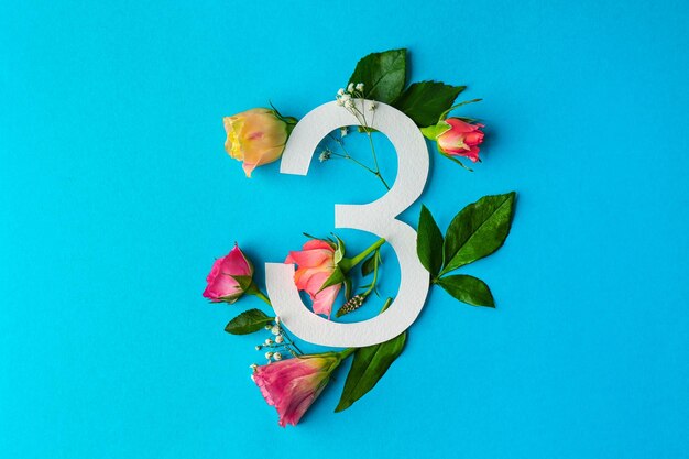 Composição com o número 3 e belas flores em fundo colorido