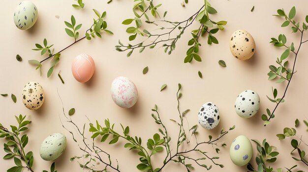 Composição com ovos de Páscoa e ramos verdes em fundo bege IA generativa