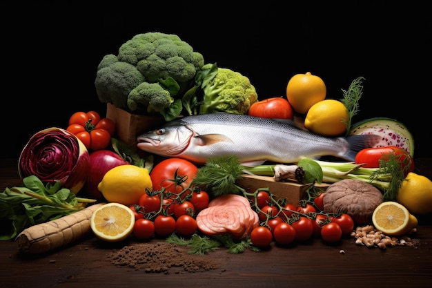Composição com peixes frescos crus, legumes e especiarias em mesa de madeira Um fundo de alimentos saudáveis mostrando legumes frescos, peixes, frutas e nozes AI Gerado