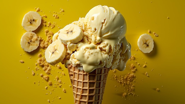 Foto composição com saborosa casquinha de sorvete de banana na cor de fundo amarelo