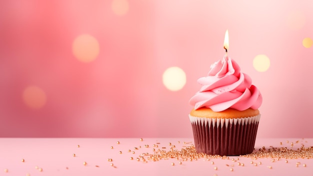 Composição com saboroso cupcake de aniversário rosa com vela em fundo rosa