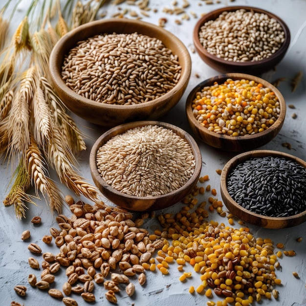 Foto composição com tigelas de diferentes cereais e espikelets em fundo de madeira escura