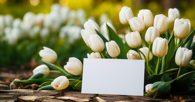 Composição com um cartão em branco e lindas flores de tulipa branca em um fundo colorido fechado