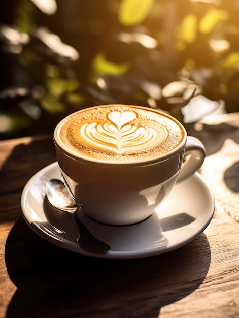 Composição com uma xícara de café com leite pela manhã na mesa com os raios brilhantes do sol da manhã de verão