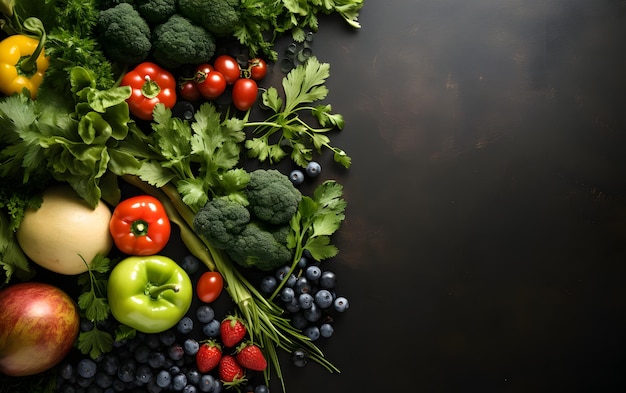 Composição com variedade de vegetais orgânicos crus em fundo preto preto