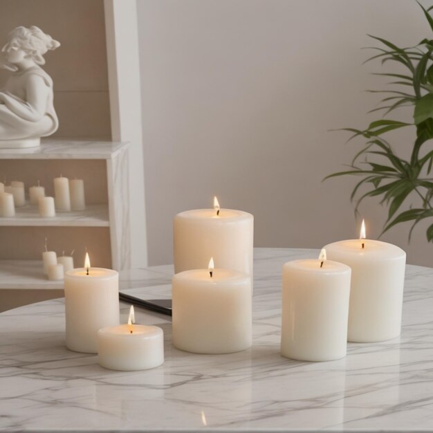 Composição com velas de soja acesas na mesa de mármore branco