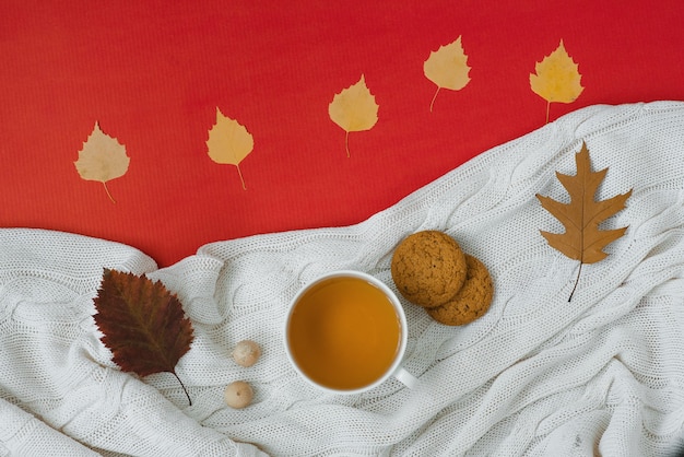 Composição com xícara de chá aromático, manta quente e folhas de outono em fundo vermelho